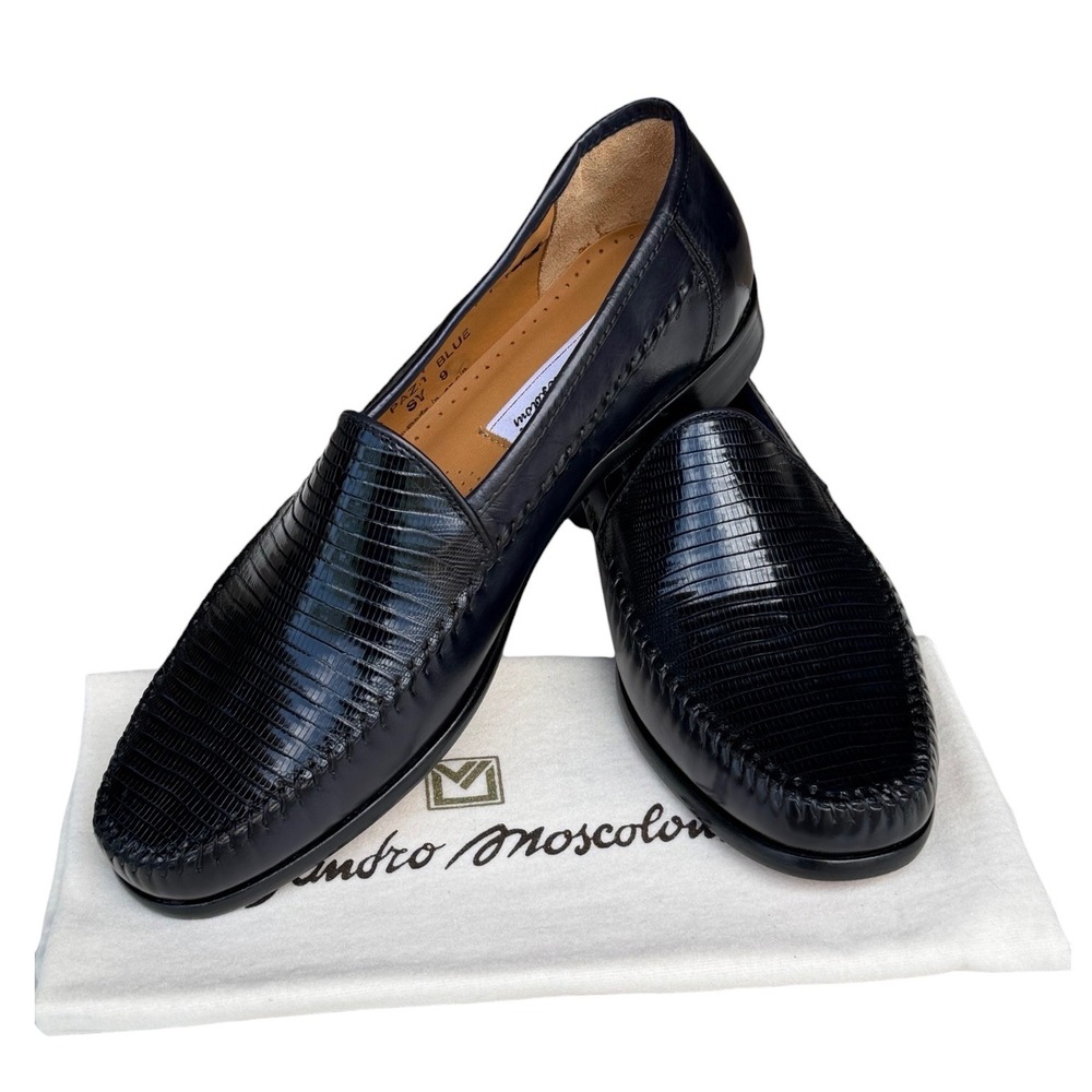 Sandro Moscoloni La Paz-1 Navy Blue Lizard Embossed Leather Loafers Mens 9D EU42
